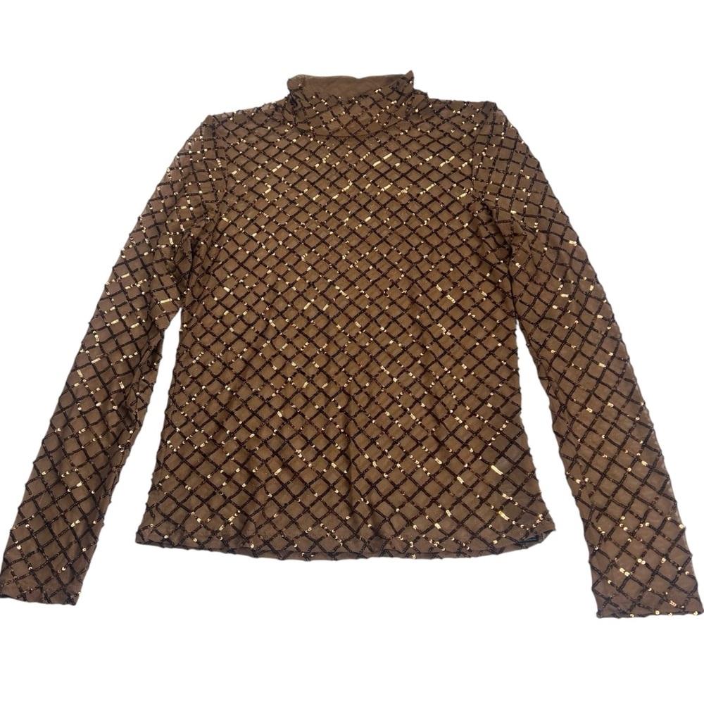 Anthropologie PILCRO Bronze Sequin Mesh Long Sleeve Turtleneck Top Medium NWT - Picture 3 of 16